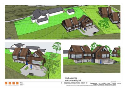 3D-visualiseringer av en planlagt enebolig med sekundærleilighet, inkludert situasjonsvisning og fasadevinkler.