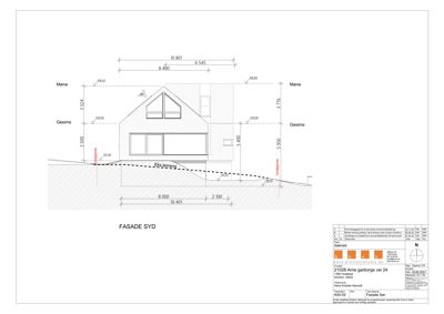 Fasadetegning (FASADE SYD) med mål og høydeangivelser for en bolig.