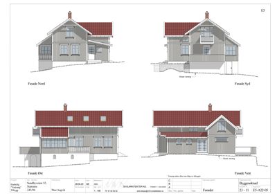 Bildet viser fire fasadetegninger av en bolig (Nord, Syd, Øst, Vest) med tegnet tittelen 'Fasader'.