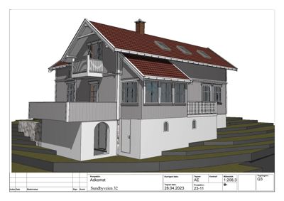 3D-visualisering av en planlagt bolig med fasade, tak og omgivelser.