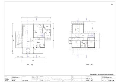 Etasjeplaner for første og andre etasje av et hus, som viser romfordeling og mål.