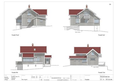 Bildet viser fire fasadetegninger av et hus sett fra fire forskjellige sider (Nord, Syd, Øst, Vest).