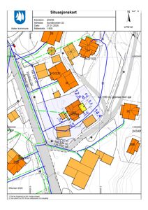 Situasjonskart som viser eiendomsgrenser, naboeiendommer og infrastruktur i området.