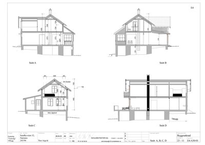 Bildet viser fire snittegninger (Snitt A, B, C og D) av en bolig, som illustrerer bygningens tverrsnitt, høyder og innvendige romfordeling.