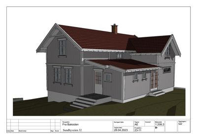 Fasadetegning som viser bygningens utseende sett fra bakken (fra baksiden).