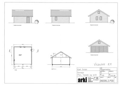 Fasade- og snittegning av en garasje med oppriss av alle sider og et snitt.