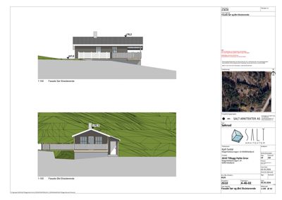 Fasadetegning som viser bygningens utseende fra sør og øst, inkludert høydeangivelser og terrengforhold.
