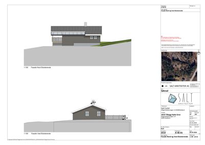 Fasadetegning som viser bygningens utseende fra nord og vest, inkludert detaljer om materialer og form.