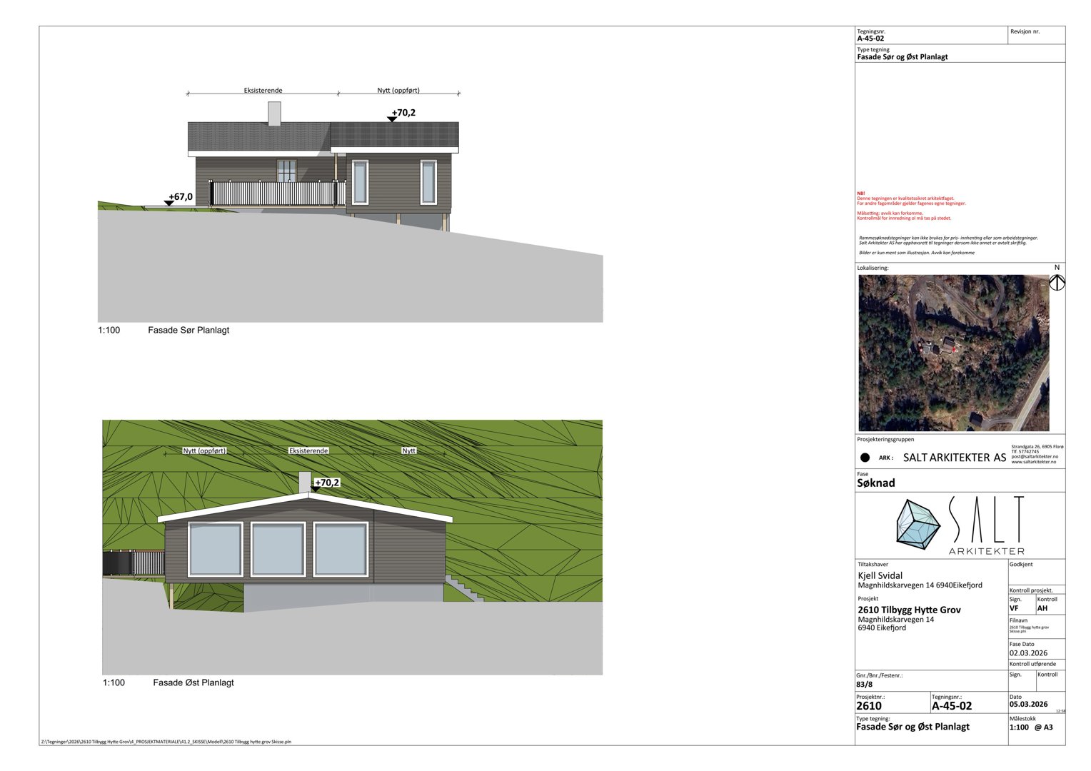 Fasadetegning som viser bygningens utseende fra sør og øst, inkludert høydeangivelser og materialvalg.