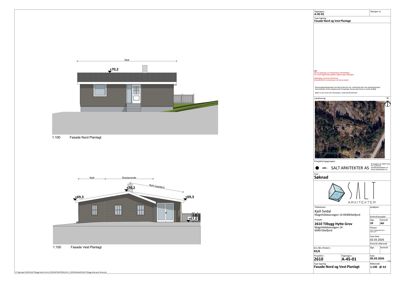 Fasadetegning som viser front- og sideutsikt på en hytte med mål og detaljer.