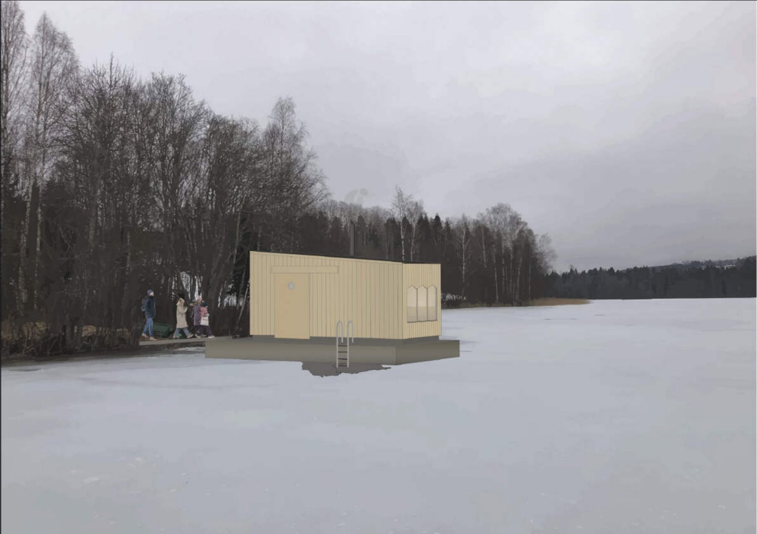 3D-visualisering av en liten bygning (kanskje hytte eller båthus) plassert på isen ved en skogkant.