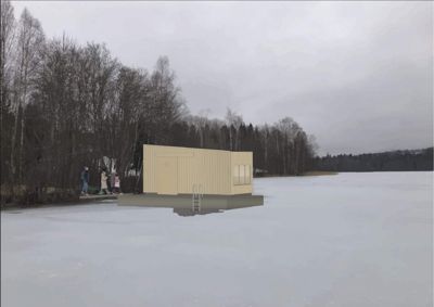 3D-visualisering av en liten bygning (kanskje hytte eller båthus) plassert på isen ved en skogkant.