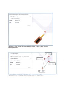 Bildet viser to kartutsnitt som illustrerer geografiske posisjoner med koordinater (NORD/ØST) og en grafisk fremstilling av et område (sannsynligvis en flytende modul) i forhold til andre punkter.