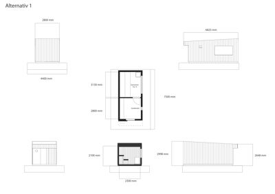 Fasadetegning (opprikk) som viser utsiden av en bygning sett fra fire ulike vinkler (for, bak, venstre og høyre side). Tegningen inkluderer mål på høyder og bredder, samt detaljer om fasadematerialer (f.eks. trepanel og vinduer).