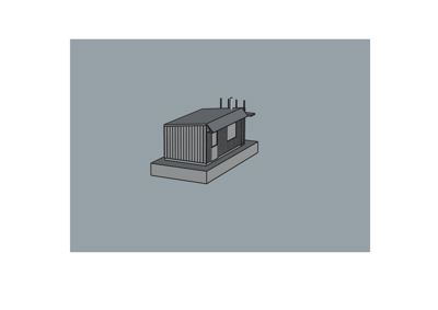 En 3D-visualisering (rendering) av en liten bygning sett fra en vinkel, som viser fasade og takform.