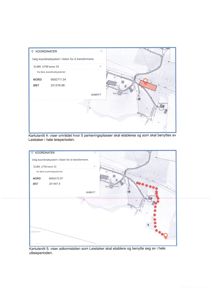 Bildet viser to kartutsnitt (kartutsnitt 4 og 5) som illustrerer et område med en bygning og en adkomststi (markert med røde prikker). Kartene inneholder også koordinatdata.