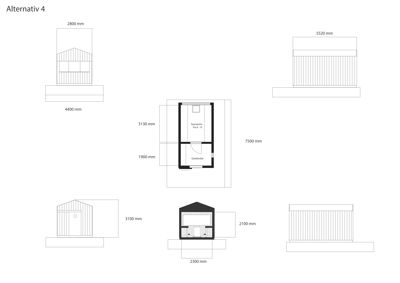 Fasadetegning (opprikk) for 'Alternativ 4' som viser front- og sideutsikter på en bygning med mål.