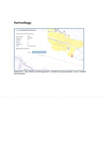 Bildet viser et kartutsnitt (kartvedlegg) som illustrerer eiendomsgrenser i et område, med en markert eiendom og en rød prikk.