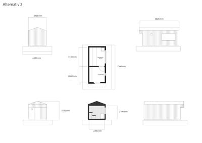 Fasadetegning for 'Alternativ 2' som viser utsiden av en bygning med mål og romfordeling (bad, garderobe).