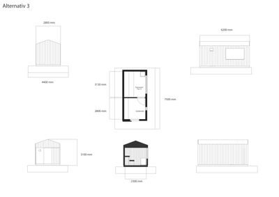 Fasadetegning som viser ulike alternativer for utforming av en bygning sett fra utsiden, inkludert mål og detaljer.