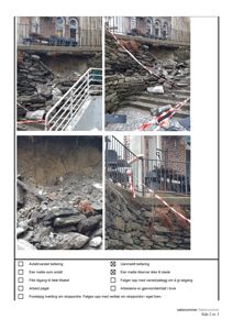 Fotografier av en utgravd eller utryddet uterom med steinmur, trapp og gjerde, samt en underskriftsliste.