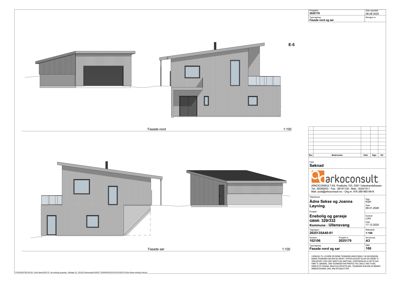 Fasadetegning som viser bygningens utseende fra nord og sør.
