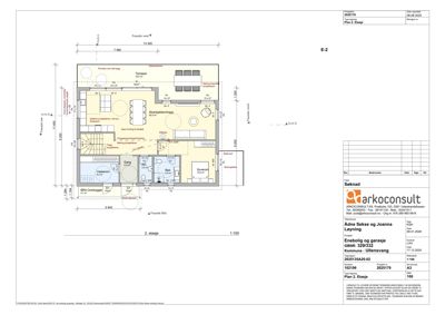 Etasjeplan (2. etasje) for enebolig og garasje, som viser romfordeling, dimensjoner og fasader.
