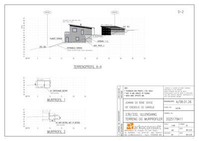 Snittegning (terrengprofil) som viser bygningens høydeprofil i forhold til terrenget.