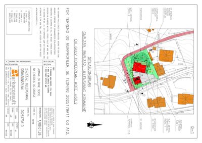 Situasjonsplan som viser tomtens beliggenhet i forhold til nabolag, veier og topografi.