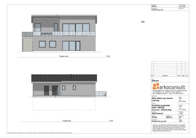 Fasadetegning som viser bygningens utseende fra øst og vest.