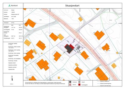 Situasjonskart som viser eiendomsgranser, eksisterende og ny bebyggelse, samt avstander til vei og nabotomter.