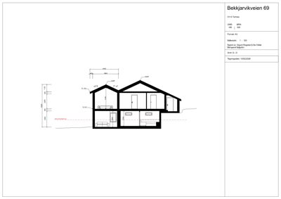 Snittegning (S.I.T. 1-2) som viser bygningens tverrsnitt, romfordeling og konstruksjon.