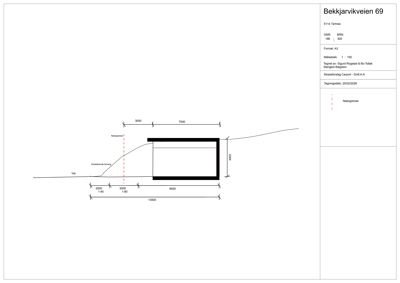 Snittegning som viser bygningens plassering i forhold til terreng og nabogrense.
