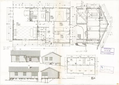 En tegning som viser etasjeplaner (1. og 2. etasje) med romfordeling, samt fasade- og snittegninger.