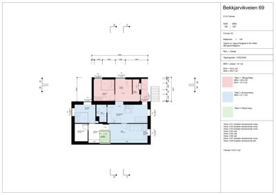 Etasjeplan (1. etasje) for en bolig i Bekkjarkveien 69, med romfordeling, mål og arealoppdelinger.