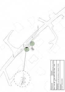 Situasjonsplan som viser bygningens plassering i forhold til vei (fylkesvei FV5302), med angitte avstander og siktelinjer.