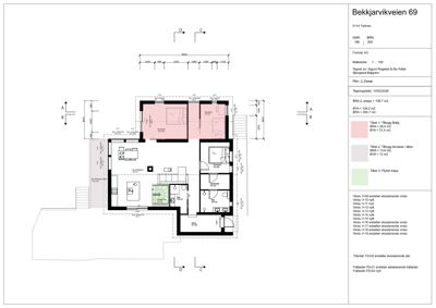 Etasjeplan for 2. etasje i en leilighet på Bekkjarkiveien 69, med romfordeling, dimensjoner og tekniske opplysninger.