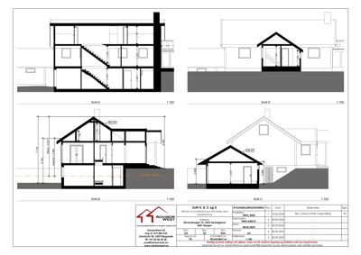 Snittegning (Snitt A, B, C og D) som viser bygningens tverrsnitt, høyder, takform og innvendig oppdeling.