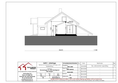 Snittegning (Snitt E) som viser bygningens tverrsnitt med mål og detaljer.