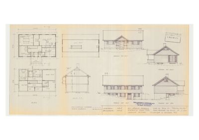 Fasadetegning med oppriss av bygning sett utenfra, inkludert tomt og detaljer.