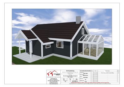 3D-visualisering av en planlagt enebolig med solgarasje