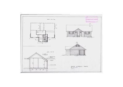 Tegning som viser fasadeopprikk (fra front og side) samt etasjeplan for en bygning.