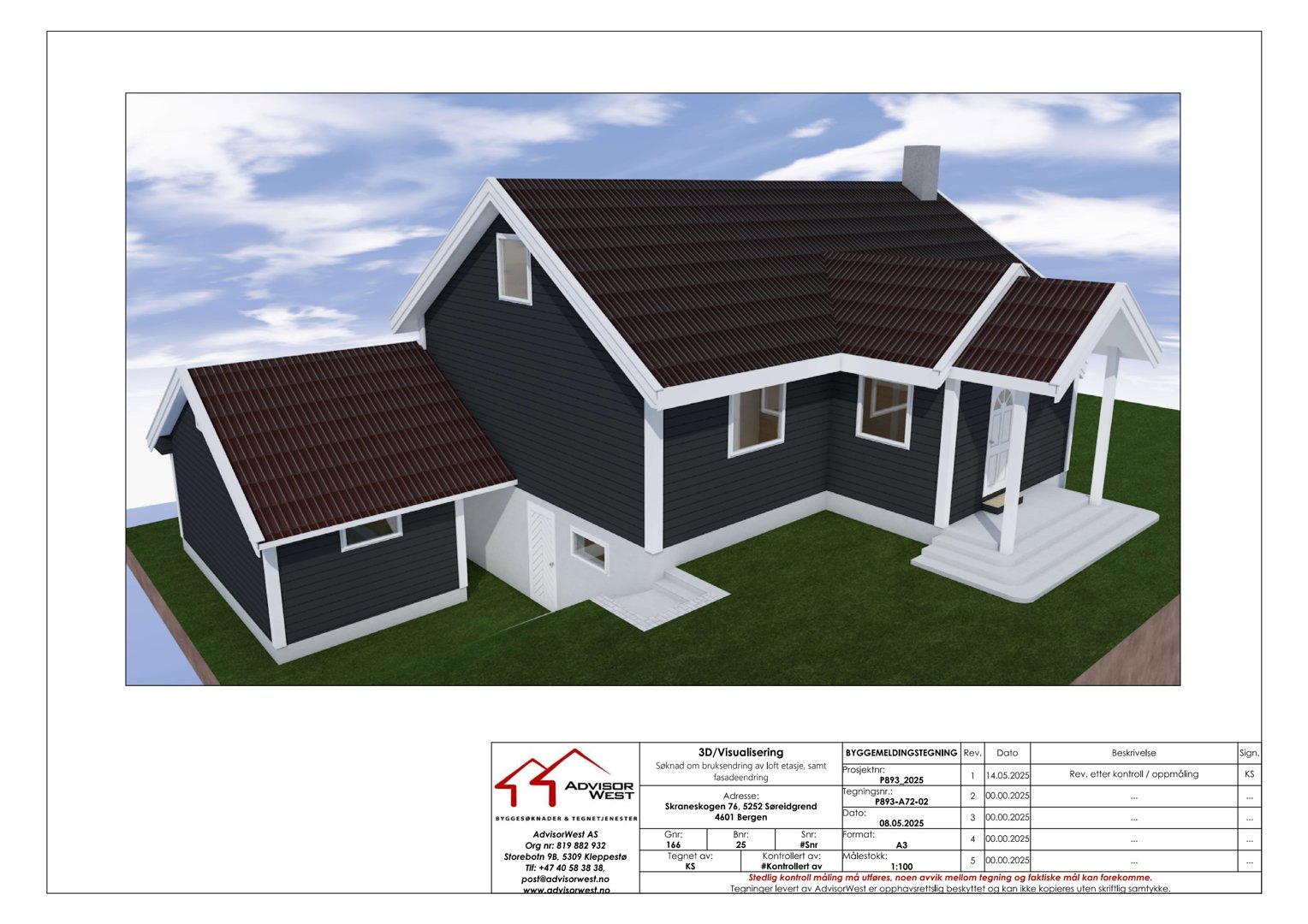 3D-visualisering av en husfasade med omgivelser (gras, himmel) og teknisk informasjon i bunnen.