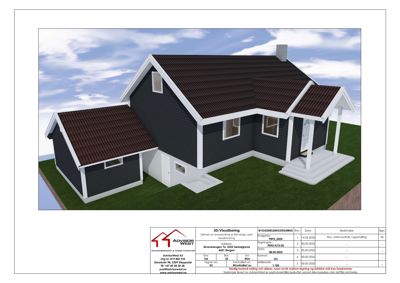 3D-visualisering av en husfasade med omgivelser (gras, himmel) og teknisk informasjon i bunnen.