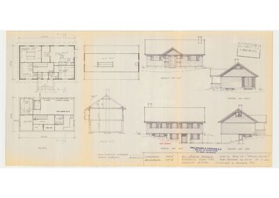 En tegning som viser etasjeplaner (PLAN) og fasadeopprikk (FASADE) for en villa.