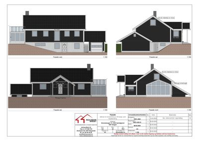 Fasadetegning med fire utsnitt (vest, sør, øst, nord) av en bolig, inkludert detaljer som vinduer, dører og takform.