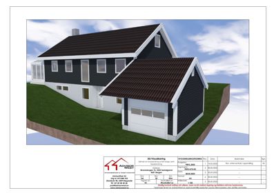 3D-visualisering av en hus med garasje og solrom