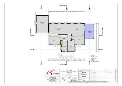 Etasjeplan (1. etasje) med romfordeling, dimensjoner og fasadeopprikk.