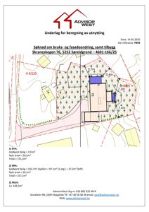 Situasjonsplan som viser tomtens grenser, nabobebyggelse, og plassering av eksisterende og planlagt bygning med angitte mål.
