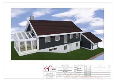 3D-visualisering av en husfasade med tilhørende dokumentasjon.